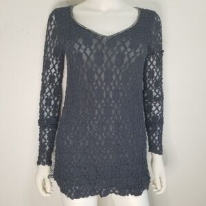 CUSTO BARCELONA MEDIUM BLUE LACE SILVER METALLIC STRIPE LONG SLEEVE TOP SIZE 2